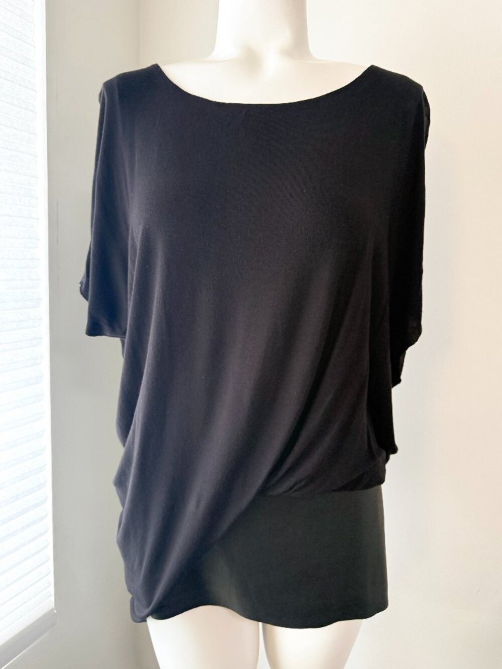 Bailey 44 Black Jersey Asymmetric Draped Top with Eco Leather Waistband